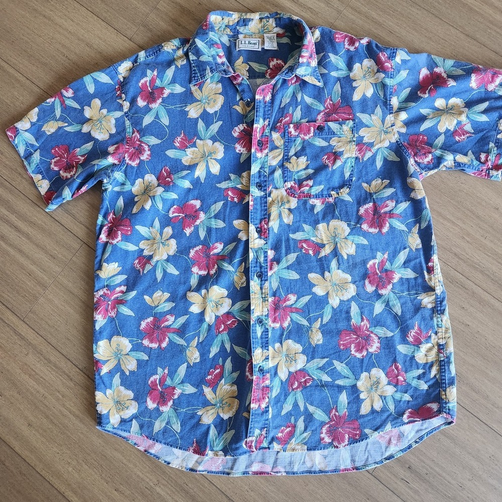 Vtg L.L. Bean Cool Weave Men's XL Short Sleeve Tropical Hawaiian Shirt Cotton